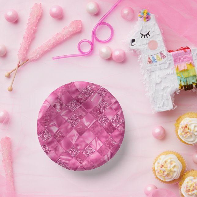 Hot Pink Multi-Texture Square Weave Pattern Paper Plate (Party)