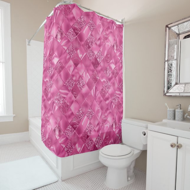 Hot Pink Multi-Texture Square Weave Pattern Shower Curtain (In Situ)