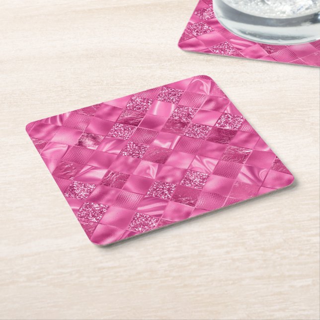 Hot Pink Multi-Texture Square Weave Pattern Square Paper Coaster (Angled)