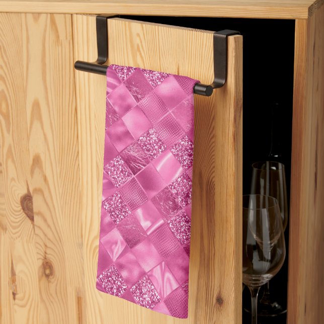 Hot Pink Multi-Texture Square Weave Pattern Tea Towel (Thirds Fold)