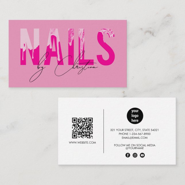 Hot Pink Nails Drip Nail Art Manicure QR Code Business Card (Front/Back)