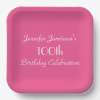 Hot Pink, Name, 100th Birthday Party Simple Square