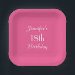 Hot Pink, Name, 18th Birthday Party Square  Paper Plate<br><div class="desc">A solid hot pink background decorates this unique and fun party paper plate. Although default says "18th Birthday", you can easily change the text for name, # of years, and event. Very feminine and girly! Square or round. Matching paper napkins available on zazzle at SocolikCardShop. All Rights Reserved © 2015...</div>