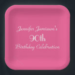 Hot Pink, Name, 90th Birthday Party Simple Square Paper Plate<br><div class="desc">A solid hot pink background decorates this unique, simple, minimalist 90th birthday party paper plate. Although default says "90th Birthday", you can easily change the text for name, # of years, and event. Very feminine and girly! Choose round or square. Matching paper napkins available on zazzle at SocolikCardShop. All Rights...</div>