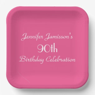 Hot Pink, Name, 90th Birthday Party Simple Square Paper Plate