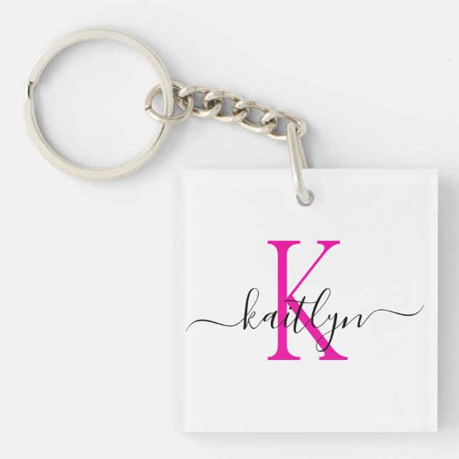 Hot Pink Name Initial Monogram Key Ring (Front)