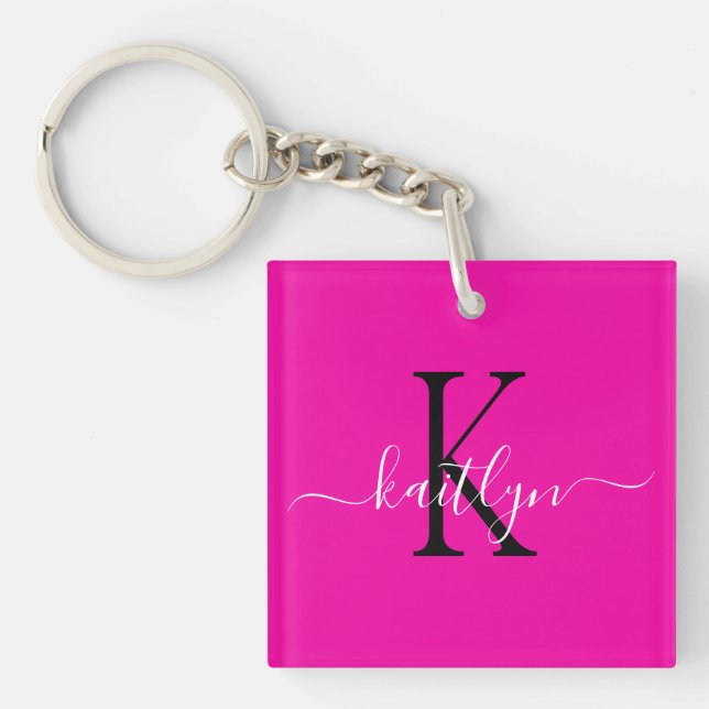 Hot Pink Name Initial Monogram Key Ring (Front)