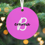 Hot Pink Name | Modern Initial Monogram Neon Metal Tree Decoration<br><div class="desc">Trendy, stylish custom name and initial monogram style christmas tree ornament in modern minimalist script typography in off black and white on a simple fun hot neon pink background. The name and initial can easily be personalised with your own name or the name of a loved one for a perfect...</div>