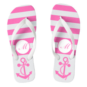 Hot Pink Nautical Anchor with Stripes and Monogram Jandals