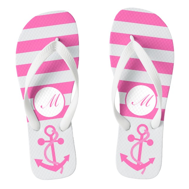 Hot Pink Nautical Anchor with Stripes and Monogram Jandals (Footbed)