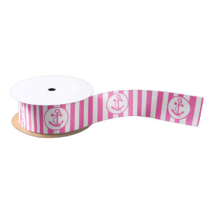 Hot Pink Nautical Anchor with Stripes Satin Ribbon