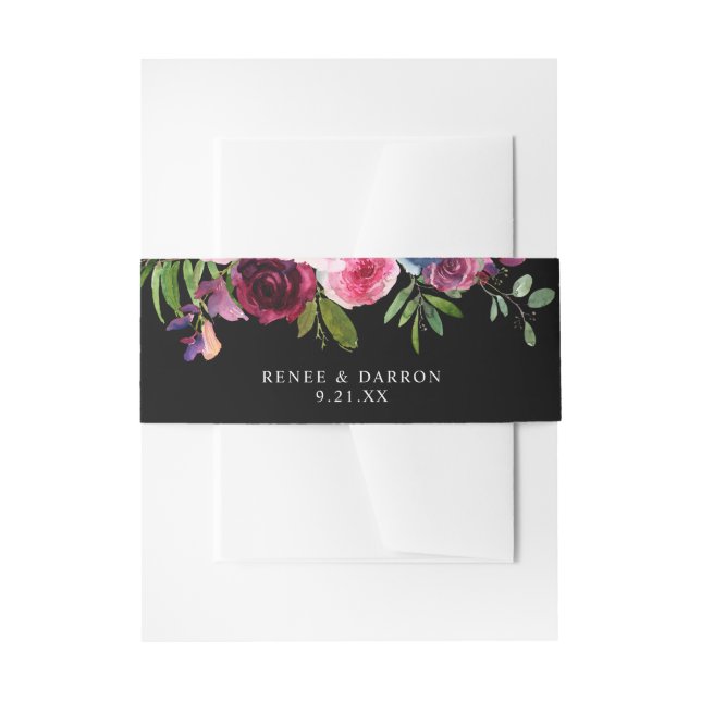 Hot Pink & Navy Blue Floral 3B Black Invitation Belly Band (Front Example)