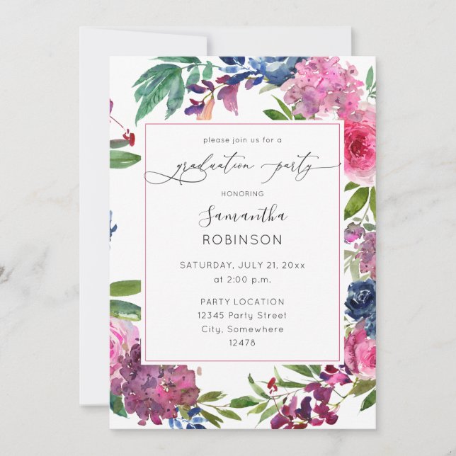 Hot Pink & Navy Blue Floral Graduation Party Invitation (Front)