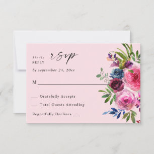 Hot Pink & Navy Blue Floral no Meal V3 Pink RSVP Card