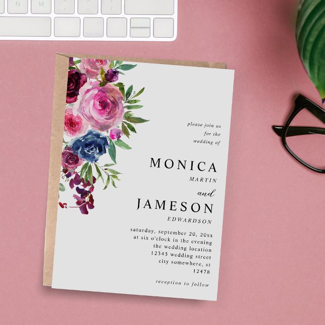 Hot Pink & Navy Blue Floral Wedding Invitation 3 (Creator Uploaded)