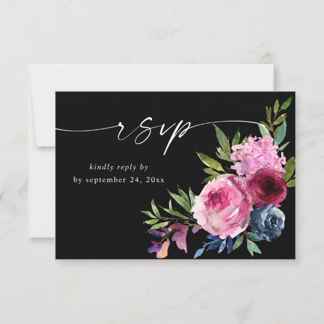 Hot Pink & Navy Blue Floral with Meal V3 Black RSVP Card (Front)