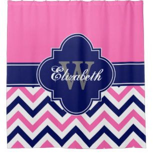 Hot Pink Navy Blue LG Chevron 1ICBR Name Monogram Shower Curtain