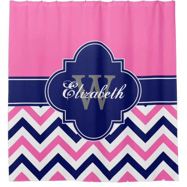 Hot Pink Navy Blue LG Chevron 1ICBR Name Monogram Shower Curtain (Front)