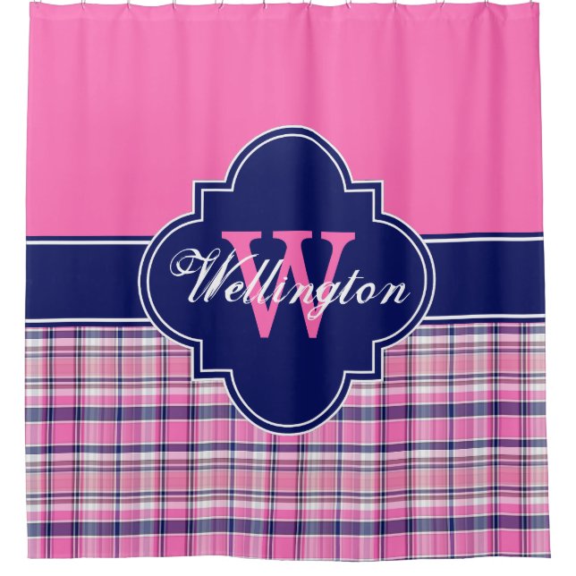 Hot Pink Navy Blue Madras Plaid 1I CB Ribbon Name Shower Curtain (Front)