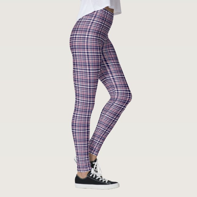 Hot Pink Navy Blue Preppy Plaid Madras Tartan Leggings (Right)
