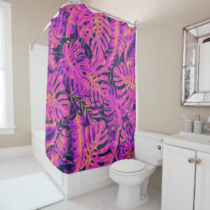 Hot Pink & Navy Blue Tropical Palm Leaves Island Shower Curtain