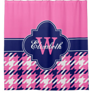Hot Pink Navy Blue Wht 1I CB Ribbon Name Shower Curtain