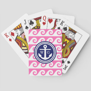 Hot Pink Navy Blue Wht Anchor Greek Key Waves Playing Cards