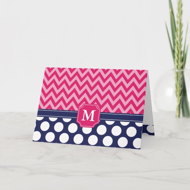 Hot Pink & Navy Chevron Zigzag Polka Dots Monogram Note Card (Front)
