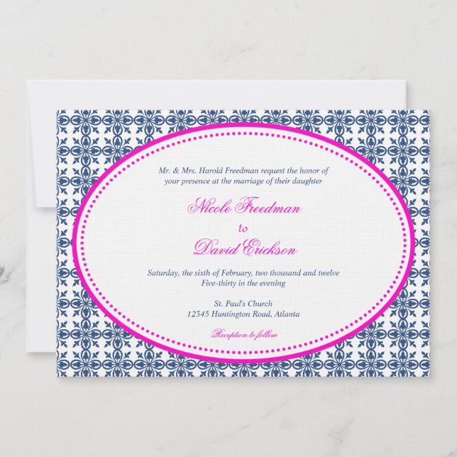 Hot pink navy oval beaded preppy custom wedding invitation (Front)