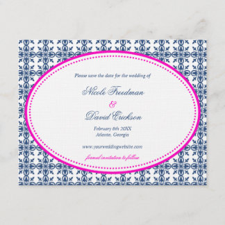 Hot pink navy oval preppy wedding save the date