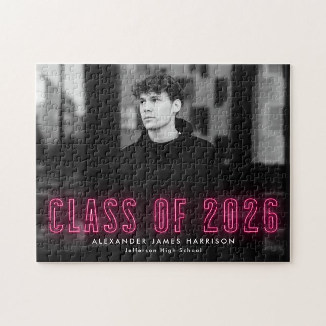 Hot Pink Neon Class of 2025 Graduation Photo Jigsaw Puzzle (Horizontal)