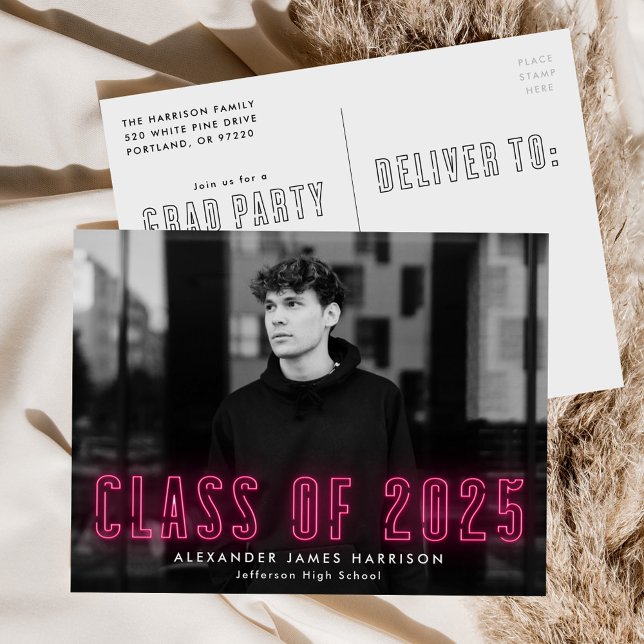 Hot Pink Neon Class of 2025 Photo Graduation Party Invitation Postcard (Creator Uploaded)