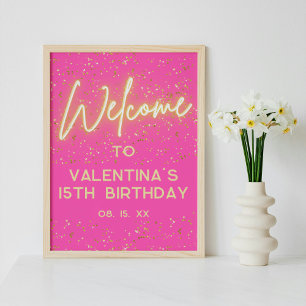 Hot Pink Neon Glow Gold Glitter Party Welcome Poster