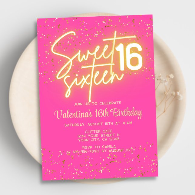 Hot Pink Neon Glow Gold Glitter Sweet 16 Birthday Invitation (Creator Uploaded)