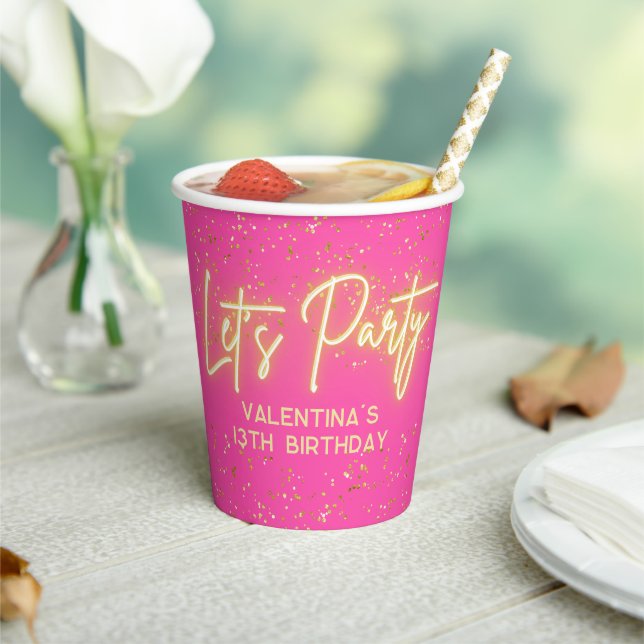 Hot Pink Neon Glowing Let's Party Glitter Birthday Paper Cups (Insitu)