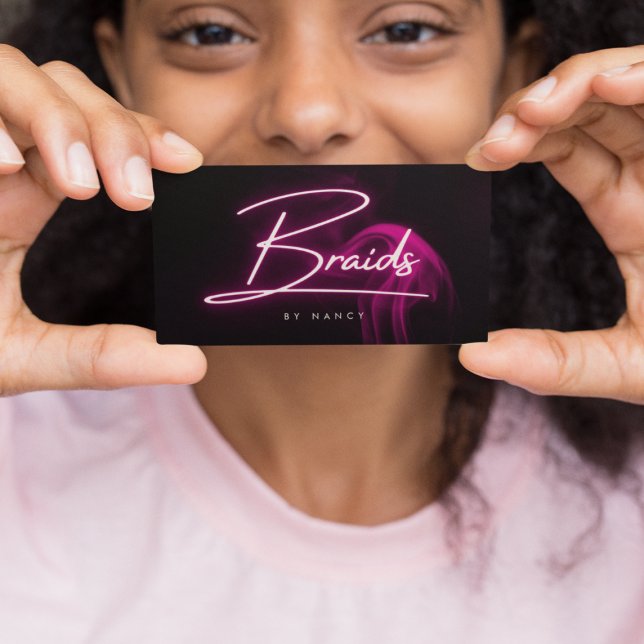 Hot Pink Neon & Smoke Braids Handwritten Script  Business Card (Creator Uploaded)