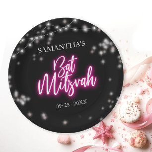 Hot Pink Neon-Themed Bat Mitzvah  Paper Plate
