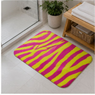 Hot Pink Neon Yellow Zebra Stripe Bold Y2K Bath Mat