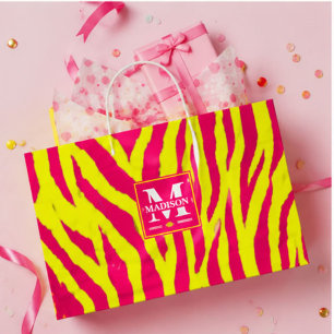 Hot Pink Neon Yellow Zebra Stripe Bold Y2K Large Gift Bag