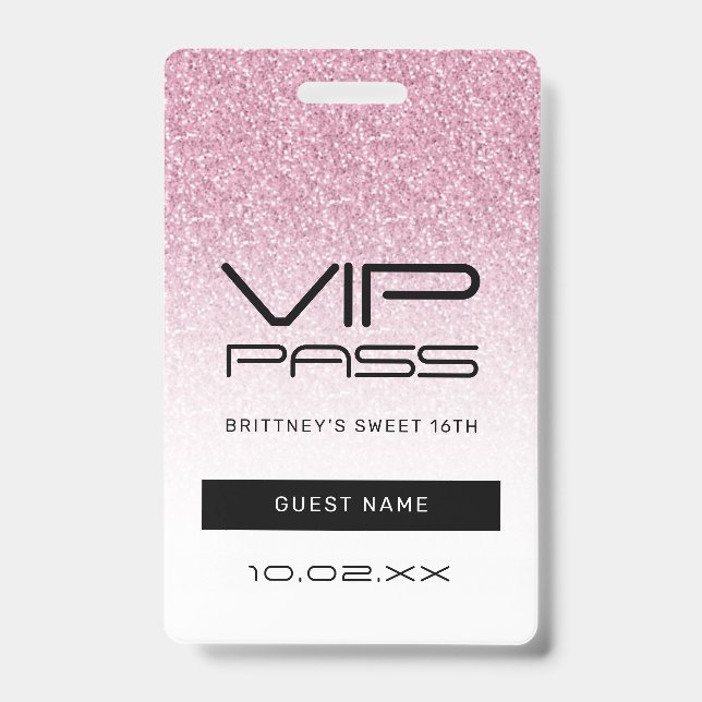 Hot Pink Ombre Glitter Sweet 16th VIP Pass  ID Badge (Front)