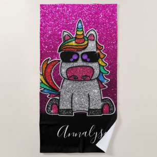 Hot Pink Ombre Glitter Unicorn Rainbow Sparkles Beach Towel