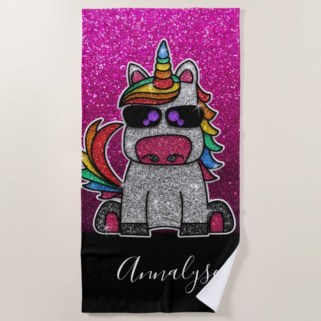 Hot Pink Ombre Glitter Unicorn Rainbow Sparkles Beach Towel (Front)