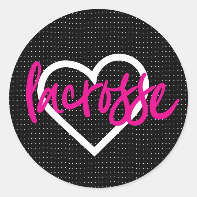 Hot Pink on Black Lacrosse Sticks & Hearts Pattern Classic Round Sticker (Front)