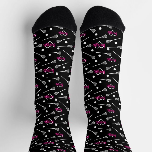 Hot Pink on Black Lacrosse Sticks & Hearts Pattern Socks (Top)