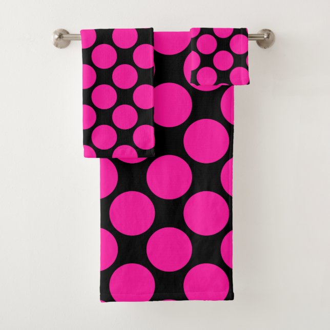 Hot Pink on black Polka Dot Pattern Bath Towel Set (Insitu)