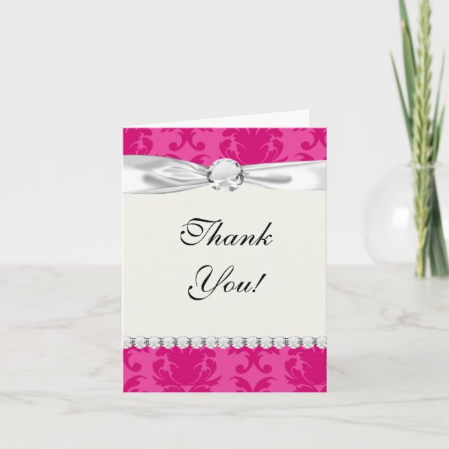 hot pink on pink chic damask pattern thank you card (Front)
