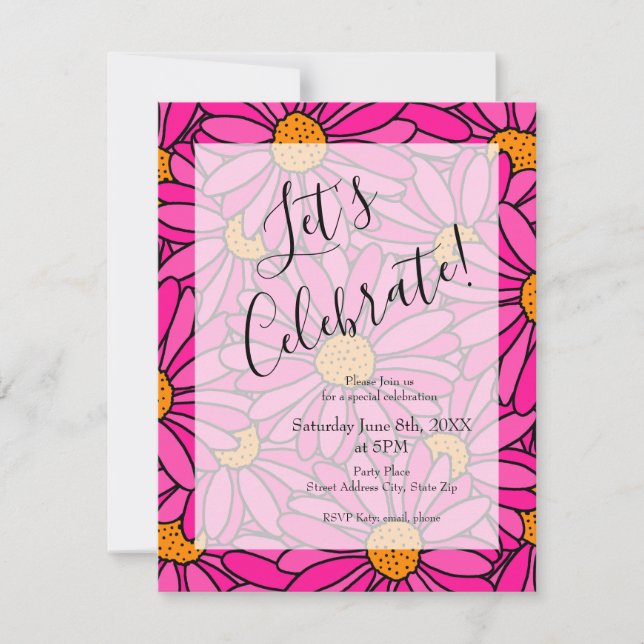 Hot Pink Orange Abstract Daisy Pattern  Invitation (Front)