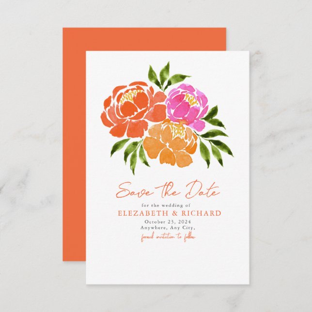 Hot Pink Orange Bouquet  Floral Summer Save The Date (Front/Back)