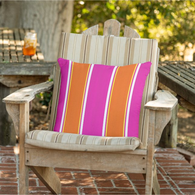Hot Pink Orange Cabana Stripes Outdoor Pillow (Chair)