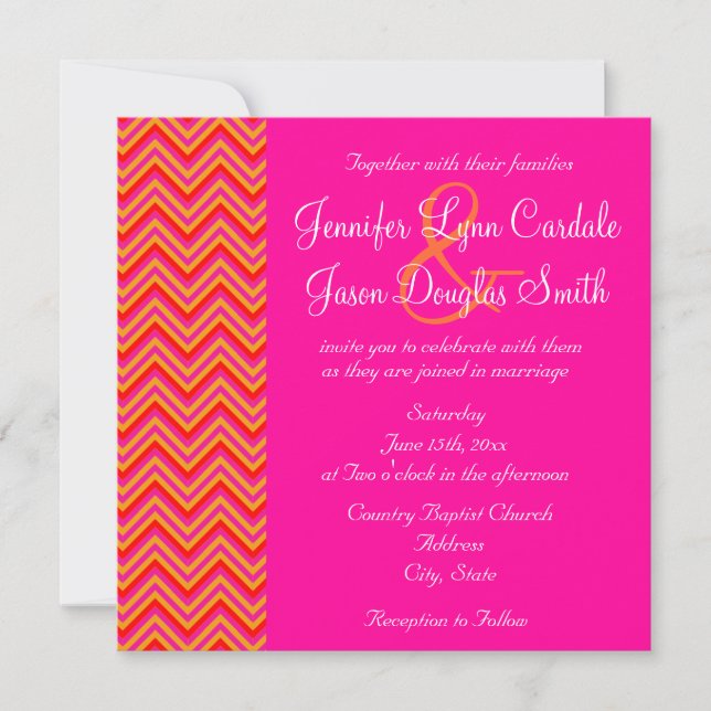 Hot Pink Orange Chevron Wedding Invitation (Front)